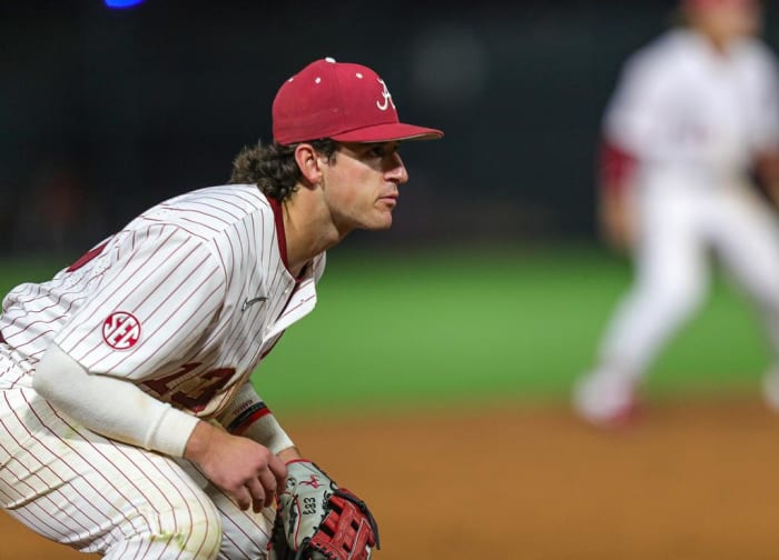 Alabama baseball player Bryce Eblin (13) in action against Auburn at Sewell-Thomas Stadium in Tuscaloosa, AL on Saturday, Apr 15, 2023.